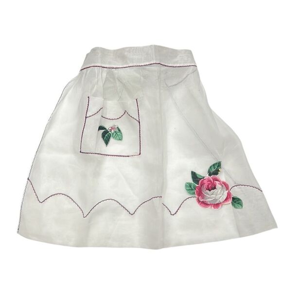 Vintage Aprons Sheer White Floral Set of 2 Hand Sewn Pockets Waist Tie Back - Picture 7 of 11